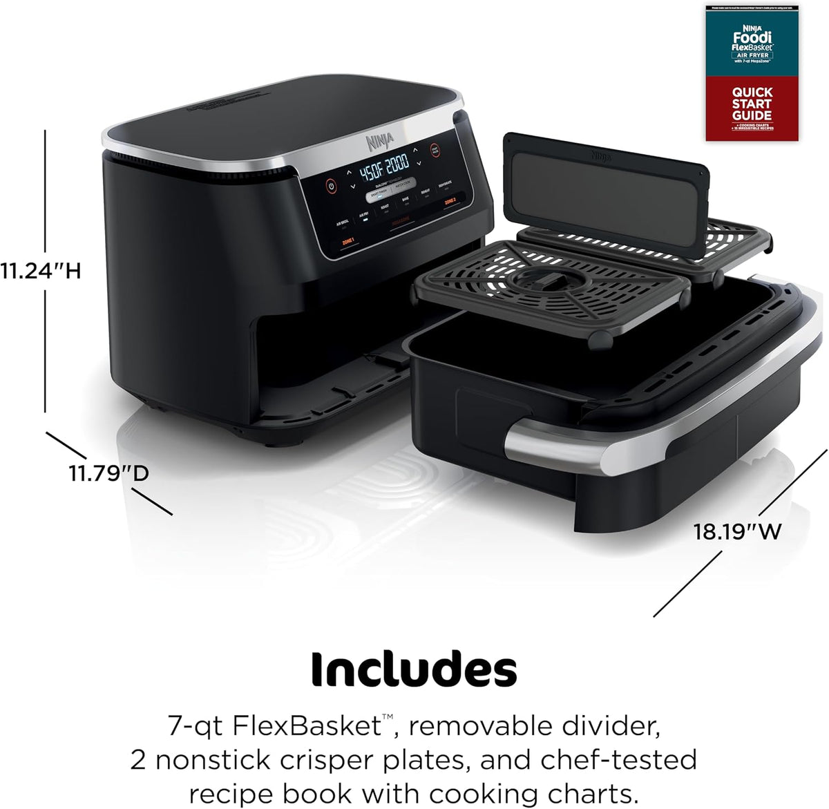Ninja Foodi Air Fryer, 7 Qt MegaZone, 6-in-1, Black, DZ071 | Air fry, roast, broil, bake, reheat, dehydrate, 450F max, 2x3.5 Qt baskets, Smart Finish