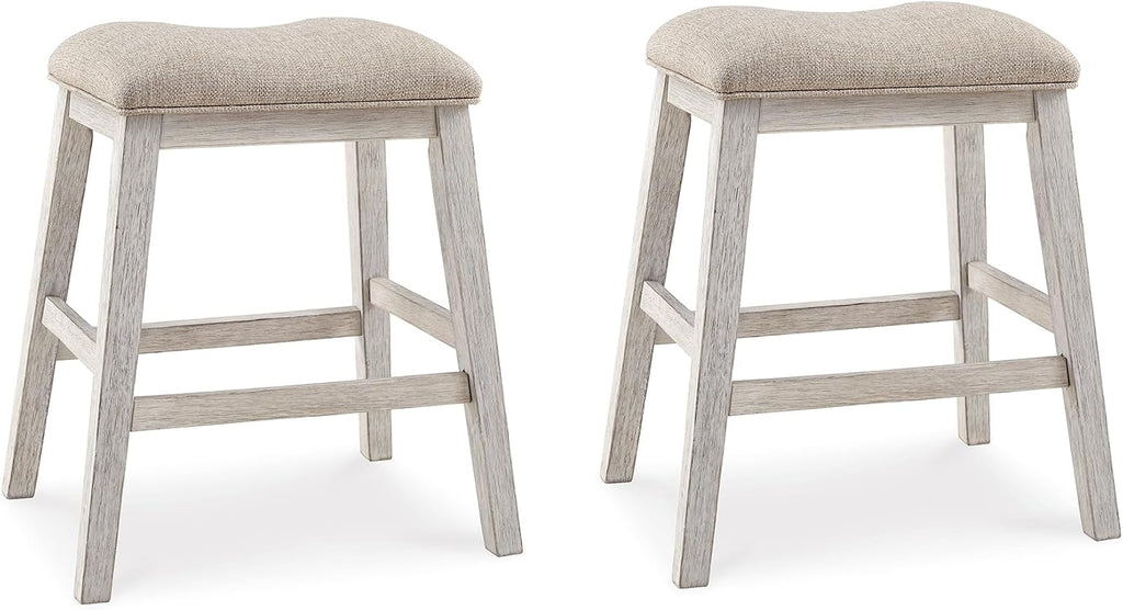 Signature Design by Ashley Skempton Counter Height Bar Stool, Set of 2 | Space-saving 24-inch farmhouse design, Supportive 18.5-inch foam-cushioned saddle seat, Distressed wood frame with footrest