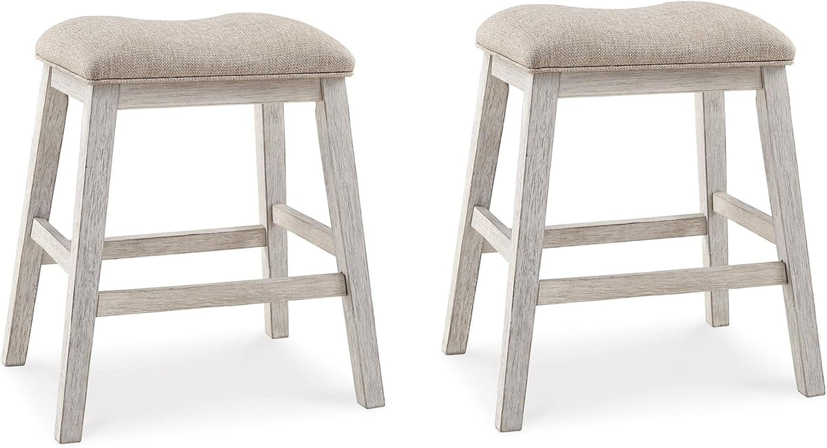 Signature Design by Ashley Skempton Counter Height Bar Stool, Set of 2 | Space-saving 24-inch farmhouse design, Supportive 18.5-inch foam-cushioned saddle seat, Distressed wood frame with footrest