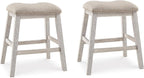Signature Design by Ashley Skempton Counter Height Bar Stool, Set of 2 | Space-saving 24-inch farmhouse design, Supportive 18.5-inch foam-cushioned saddle seat, Distressed wood frame with footrest