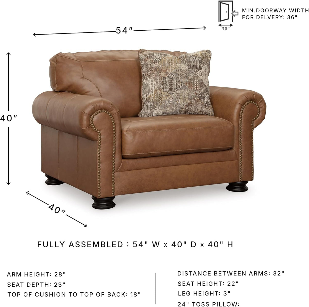 Signature Design by Ashley Carianna Oversized Leather Accent Chair, Caramel | Top-grain leather seating, Durable faux leather outer panels, Extra-wide 54 in frame, Traditional living room style