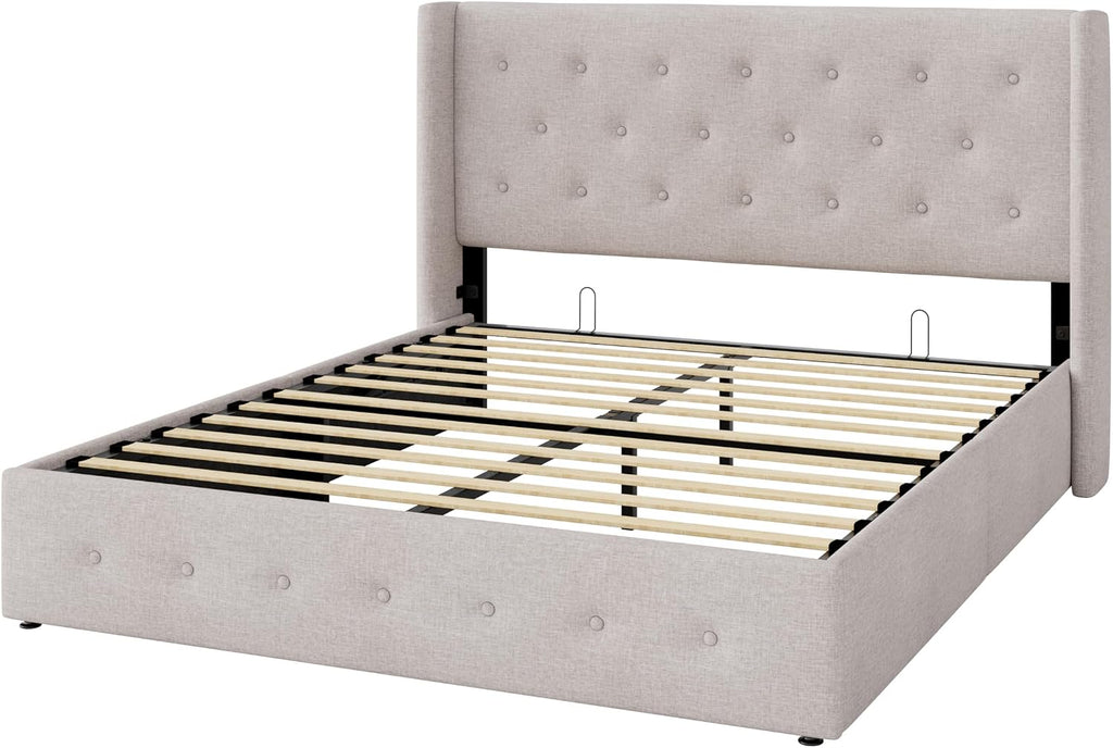 Allewie Queen Size Lift Up Storage Button-Tufted Bed Frame Light Beige