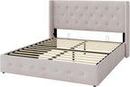 Allewie Queen Size Lift Up Storage Button-Tufted Bed Frame Light Beige