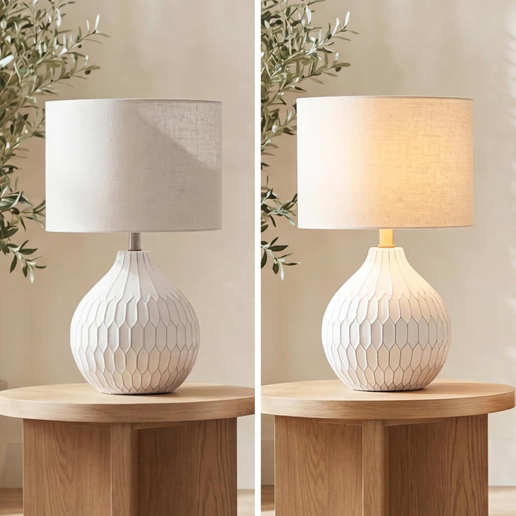 Signature Design by Ashley Ceramic Table Lamp, Bedside, Antique White | Textured wave ceramic base, Compact 18-inch height ideal for bedside nightstands and transitional styling, Wardmont Series