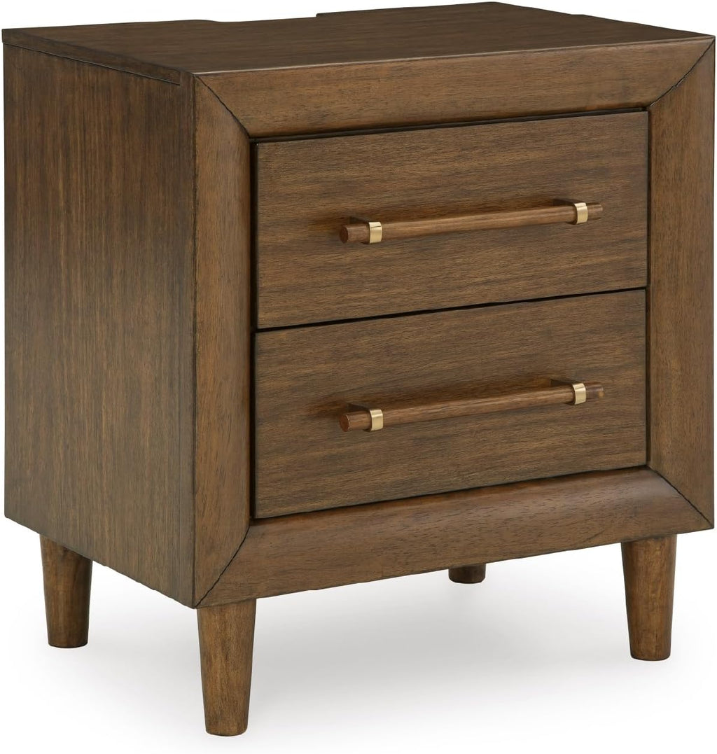 Signature Design by Ashley Lyncott Wood Nightstand with Charging Station | Mid-century mango wood veneer, 2 dovetail drawers, Built-in USB-A and USB-C charging, Round tapered legs