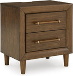 Signature Design by Ashley Lyncott Wood Nightstand with Charging Station | Mid-century mango wood veneer, 2 dovetail drawers, Built-in USB-A and USB-C charging, Round tapered legs