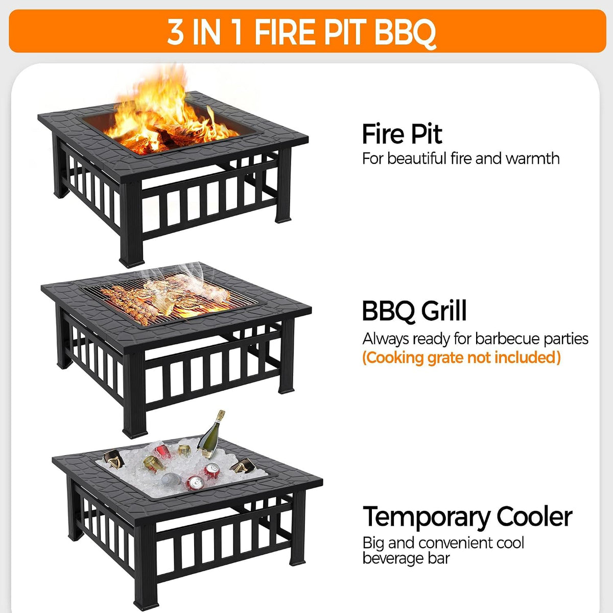 Yaheetech Multifunctional Fire Pit Table 32in Square Metal Firepit Stove