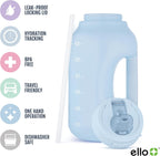Ello Hydra 64oz Half Gallon Water Jug with Handle and Motivational Time Markers for All Day Hydration, Plastic Reusable Water Bottle with Straw and Locking, Leak Proof Lid, BPA Free, Halogen Blue