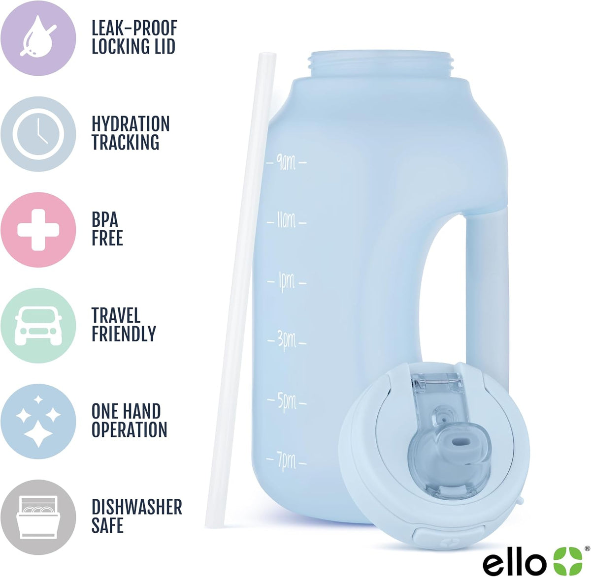 Ello Hydra 64oz Half Gallon Water Jug with Handle and Motivational Time Markers for All Day Hydration, Plastic Reusable Water Bottle with Straw and Locking, Leak Proof Lid, BPA Free, Halogen Blue