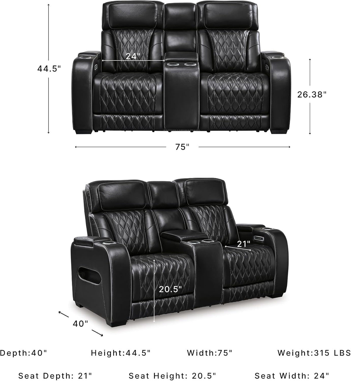 Signature Design by Ashley Boyington Power Reclining Loveseat with Console | A combination of leather and faux leather, Zero-gravity power recline, Air massage system and heat, USB storage console