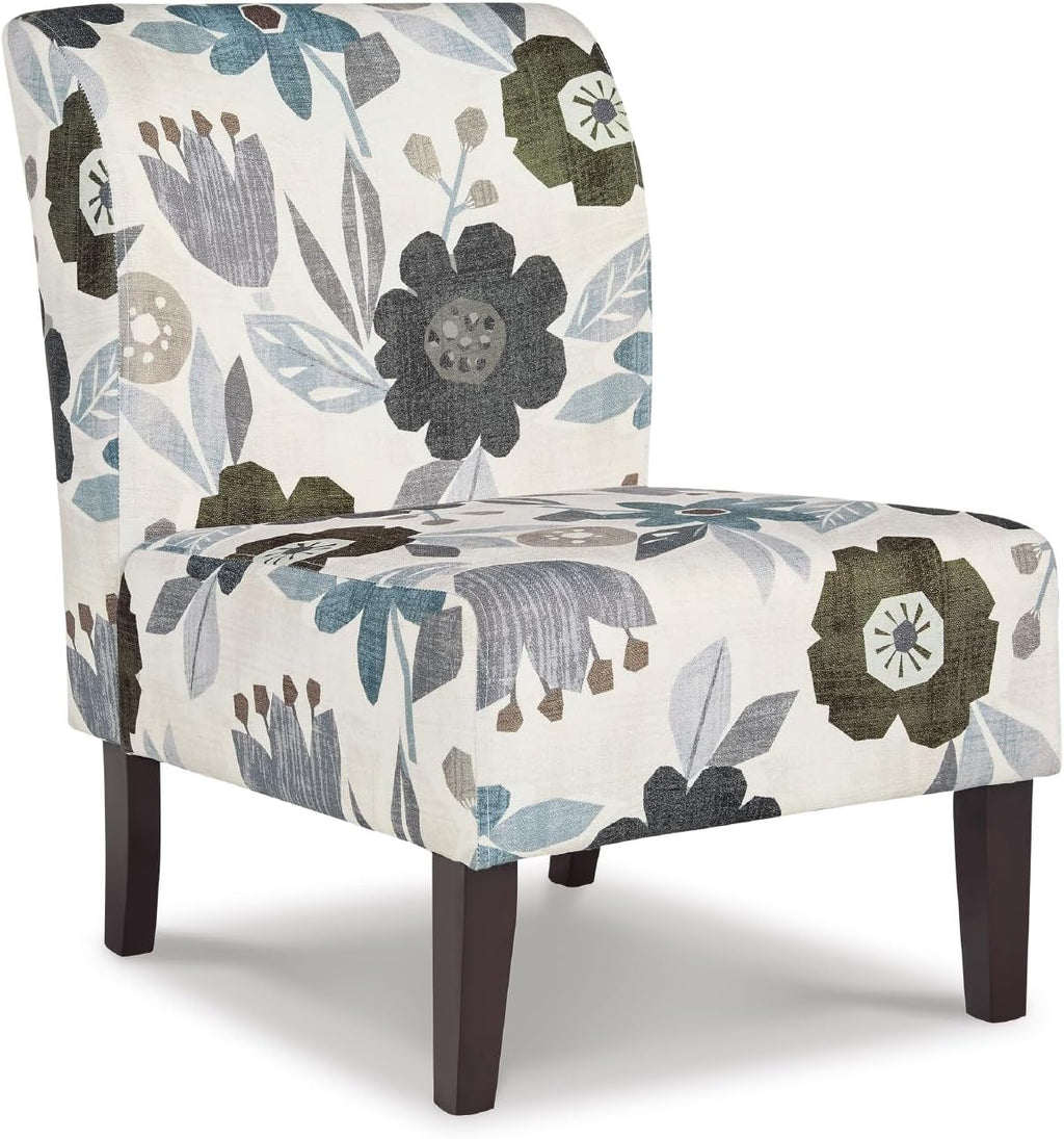 Signature Design by Ashley Armless Accent Chair, Ivory & Blue Floral | Compact profile for small spaces, 100% polyester upholstery, Sturdy black-finished wood legs, Triptis Series
