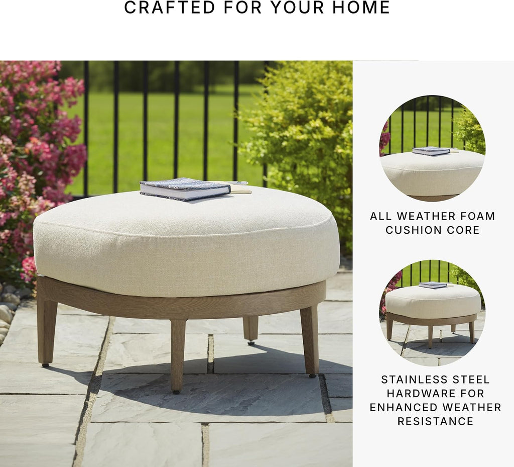 Signature Design by Ashley Outdoor Ottoman with Cushion, Brown | Aluminum frame outdoor footstool, Wood-look finish, High-performance polyester fabric patio ottoman, Serene Bay Series