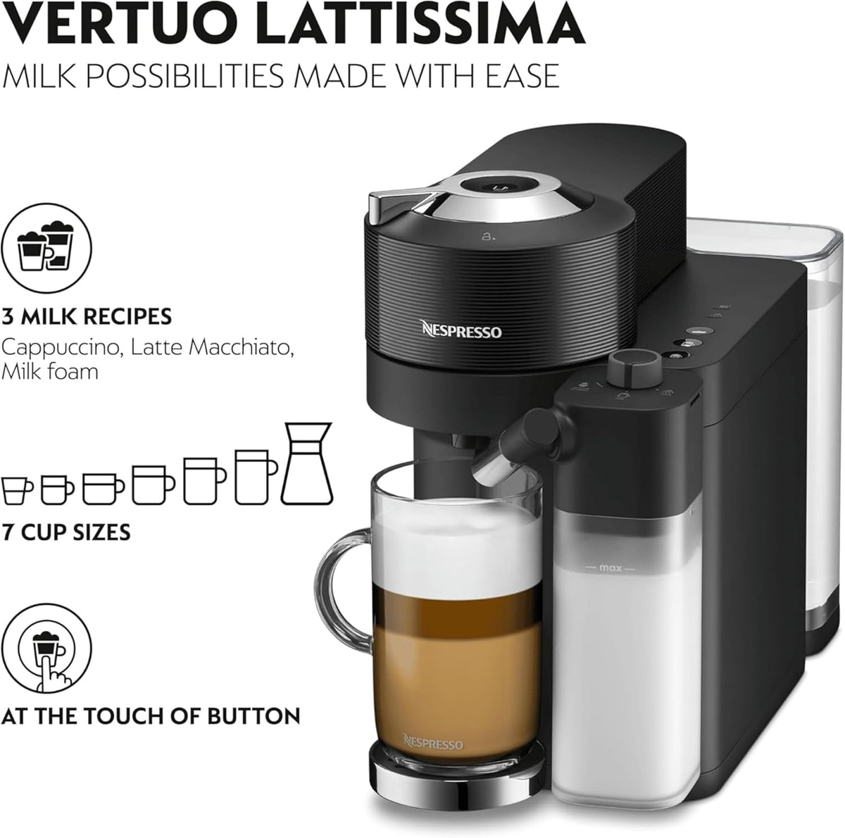 De'Longhi Nespresso Vertuo Lattissima ENV300.B, Automatic Coffee Machine with Automatic Milk Frother, Single-Serve Capsule Coffee Machine, 5 Cup Sizes, 1500W, Matt Black & Glossy