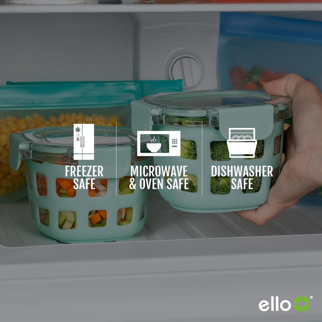 Ello DuraGlass Rounds Glass Food Storage Containers - Meal Prep Bowls with Silicone Sleeve and Airtight Lids, 2 Cup, Yucca