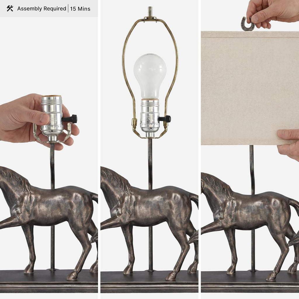 Signature Design by Ashley Sandorman Horse Table Lamp, Bronze | Stately equine polyresin sculpture base, 3-way rotary switch with dark fabric shade, Ideal for living rooms and bedrooms