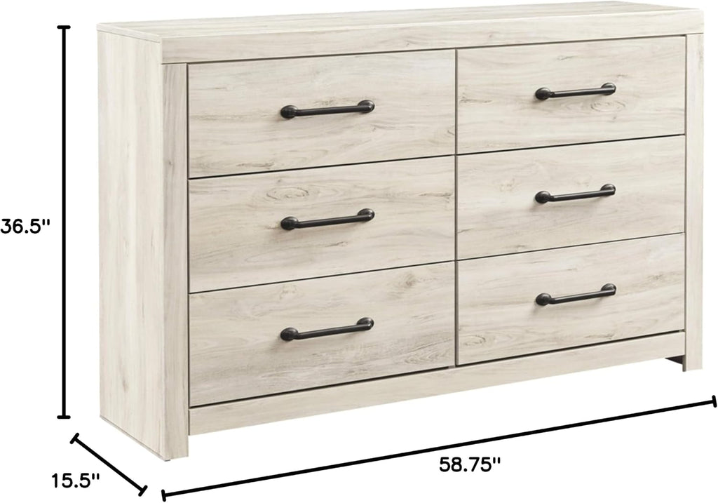 Signature Design by Ashley Cambeck 6 Drawer Dresser, Farmhouse White Wood | 59"W double dresser in engineered wood and decorative laminate, 6 drawers with faux linen lining, Includes tip restraint