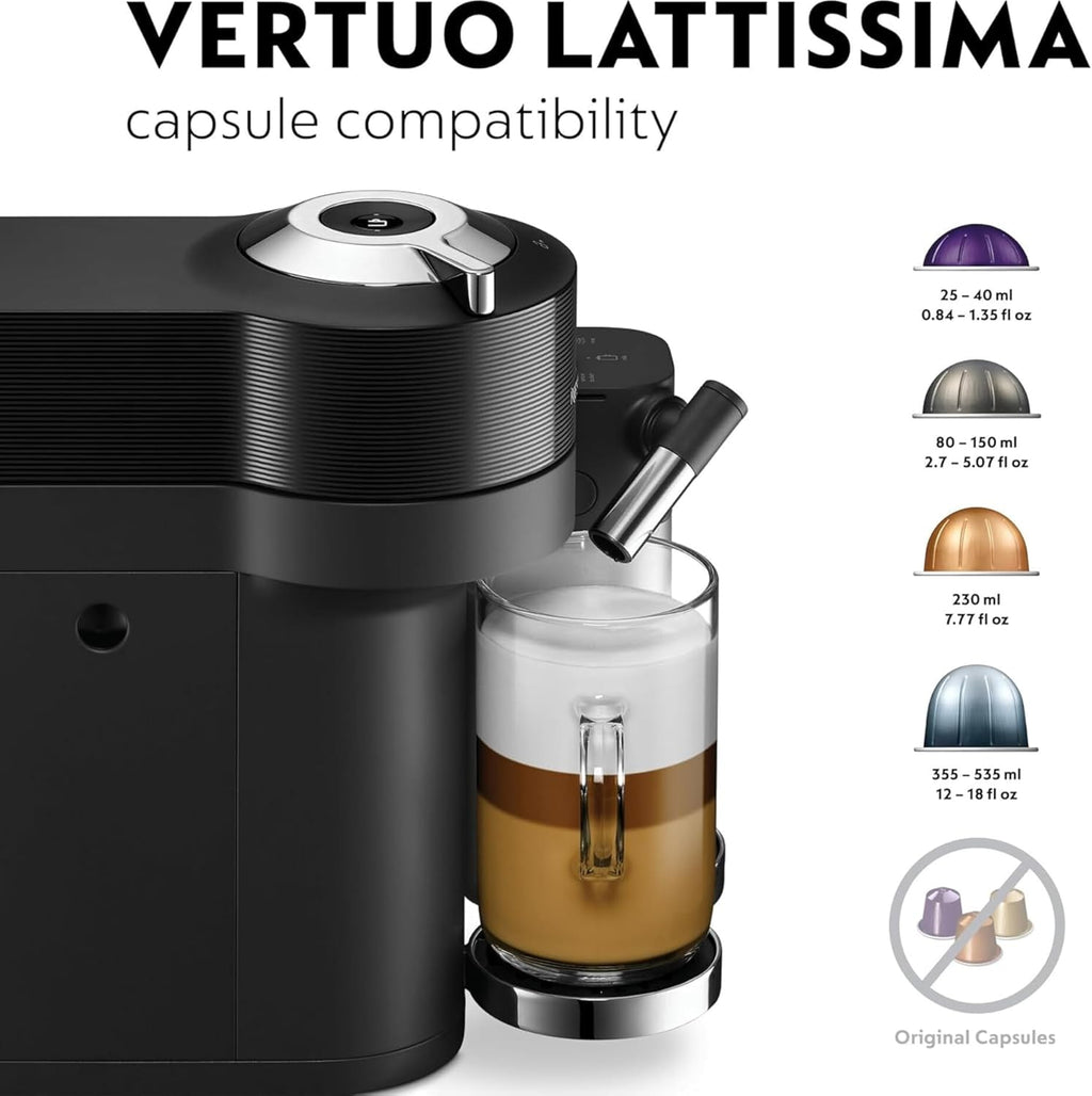 De'Longhi Nespresso Vertuo Lattissima ENV300.B, Automatic Coffee Machine with Automatic Milk Frother, Single-Serve Capsule Coffee Machine, 5 Cup Sizes, 1500W, Matt Black & Glossy