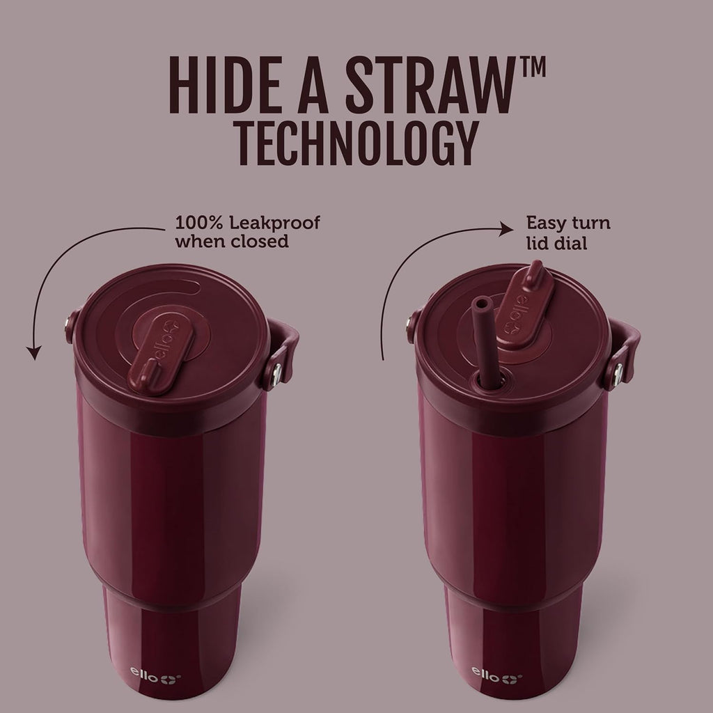 Ello Oasis Go+ 32oz Tumbler with Top Handle and Retracting Straw | Reusable Insulated Stainless Steel Cup, 100% Leakproof Water Bottle, 24 Hours Cold, Cup Holder Friendly For Travel | Red Velvet