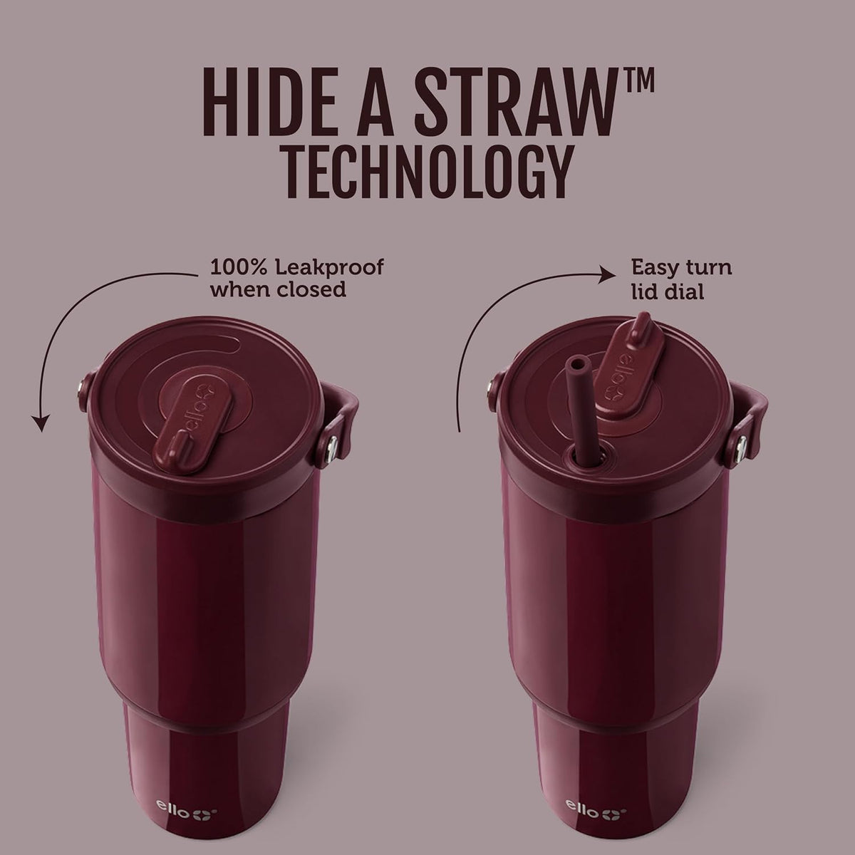 Ello Oasis Go+ 32oz Tumbler with Top Handle and Retracting Straw | Reusable Insulated Stainless Steel Cup, 100% Leakproof Water Bottle, 24 Hours Cold, Cup Holder Friendly For Travel | Red Velvet