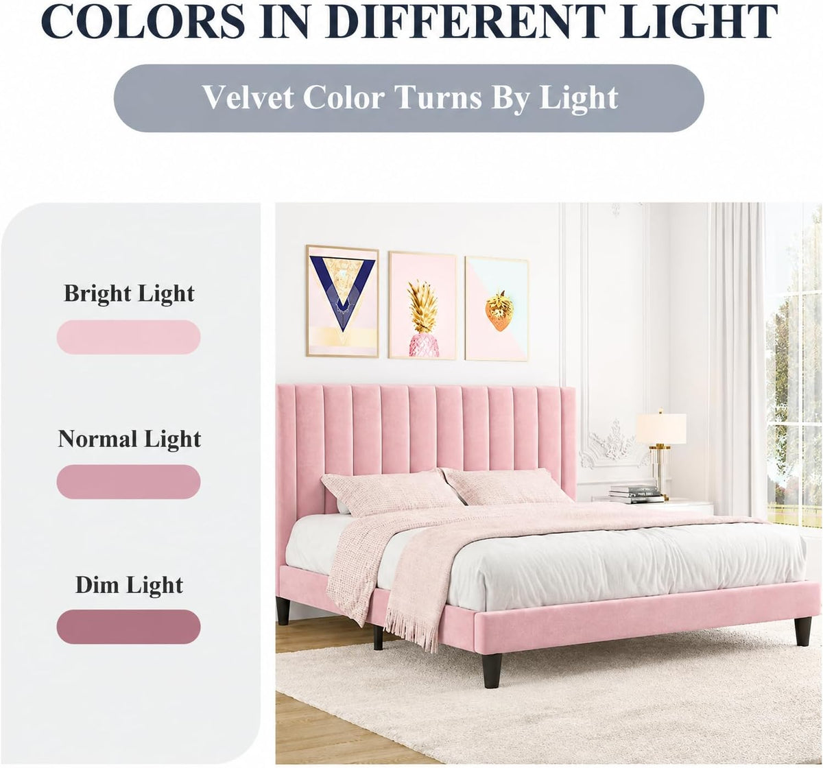 Allewie Queen Bed Frame/Velvet Upholstered Bed Frame with Vertical Channel Tufted Headboard/Strong Wooden Slats/Platform Bed Frame/Mattress Foundation/Box Spring Optional/Easy Assembly/Pink