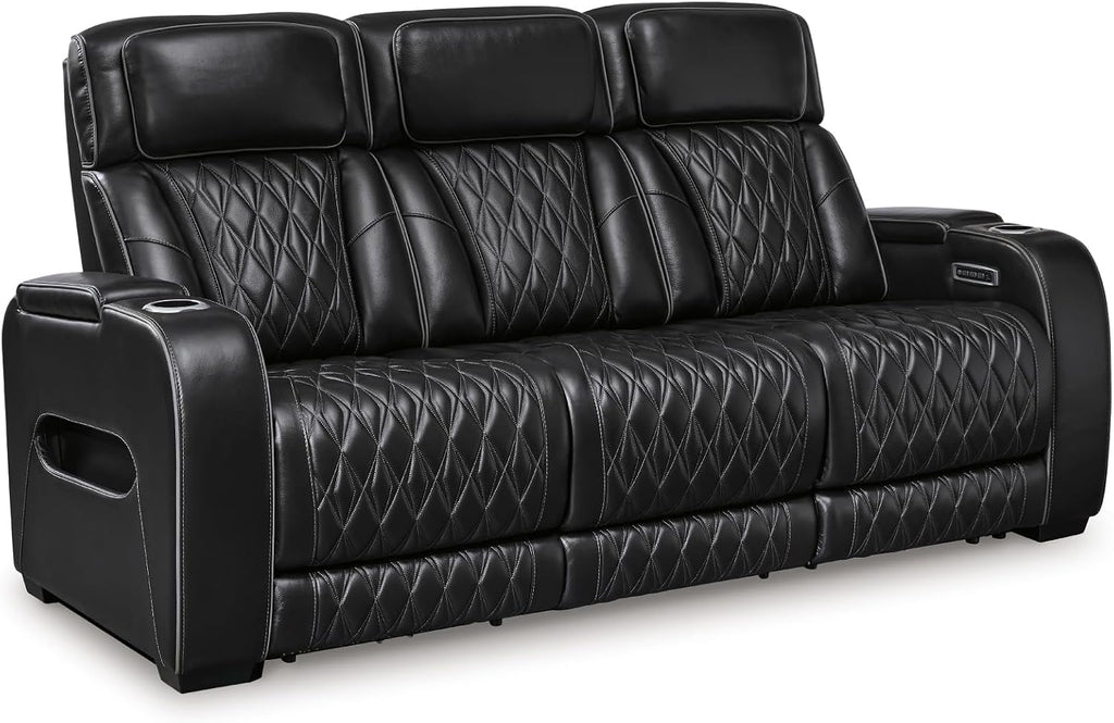 Signature Design by Ashley 3-Seater Leather Power Reclining Sofa, Black | 3-seater power headrest sofa with zero-gravity massage and heat, Drop-down table and arm storage, Boyington Series