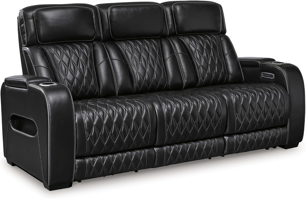 Signature Design by Ashley 3-Seater Leather Power Reclining Sofa, Black | 3-seater power headrest sofa with zero-gravity massage and heat, Drop-down table and arm storage, Boyington Series