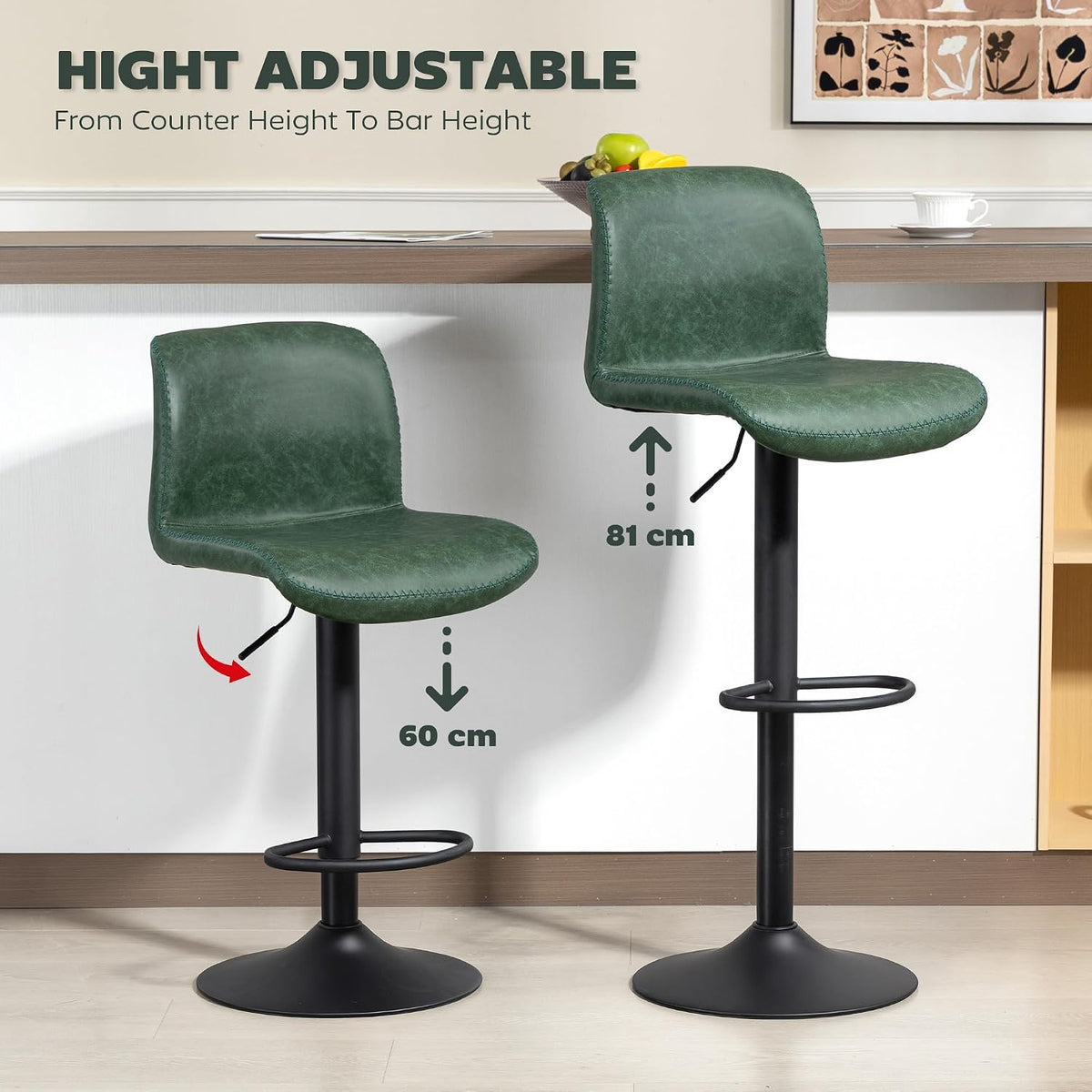 HOMCOM Bar Stools Set of 2 Height Adjustable, Backrest Footrest, Green