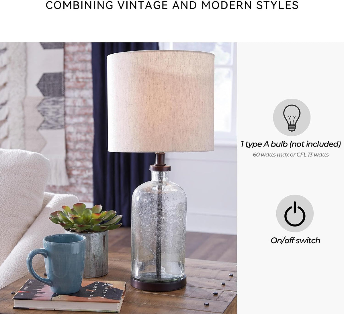 Signature Design by Ashley Bandile Seeded Glass Bedside Table Lamp, Bronze | Textured clear glass base, Light fabric drum shade, Modern farmhouse style, Living room reading spaces