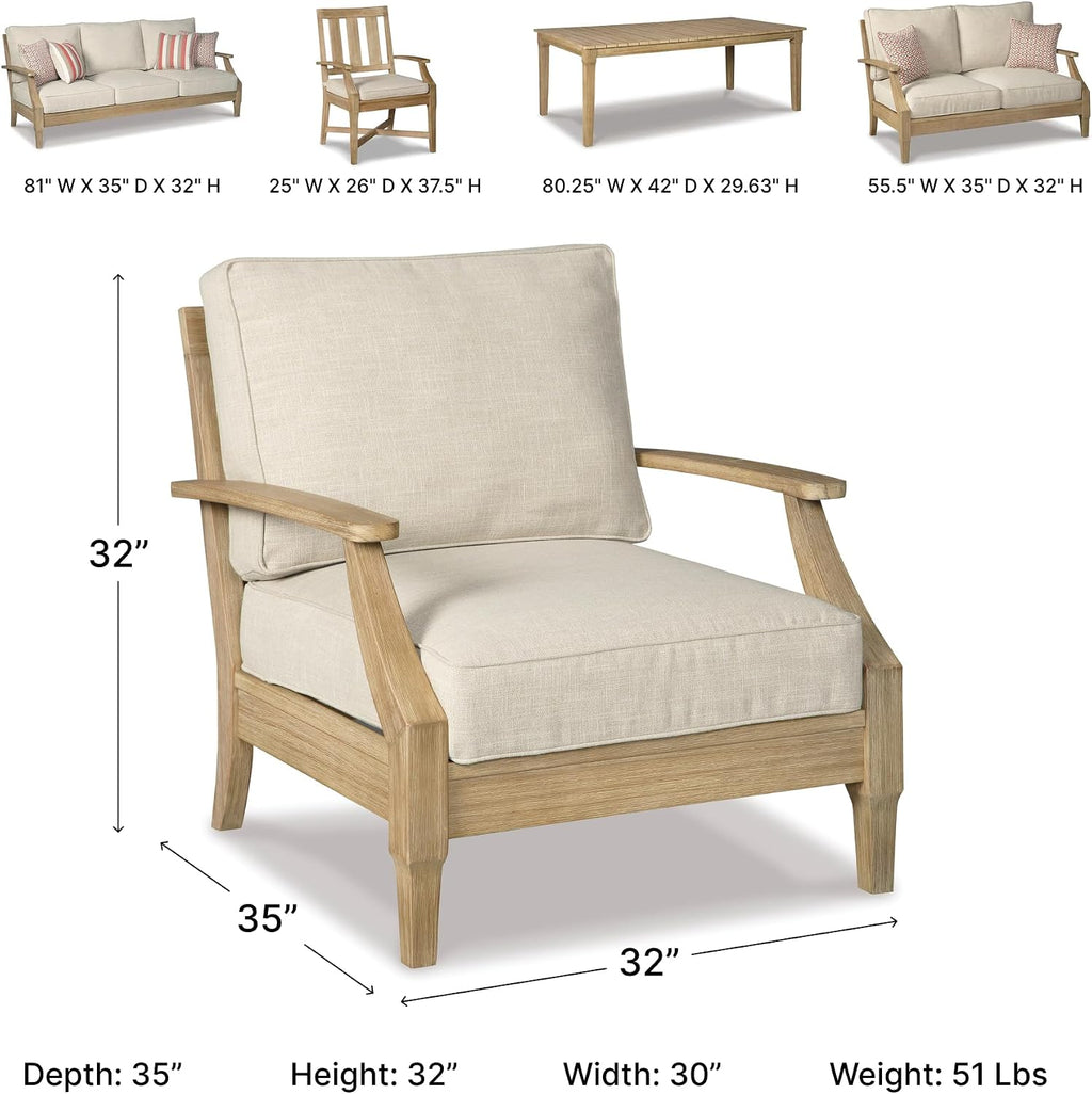 Signature Design by Ashley Clare View 1-Piece Outdoor Lounge Chair, Beige | Eucalyptus wood frame, 5-step protective coating, Nuvella performance fabric, Zippered foam core, 30x35x32 inches