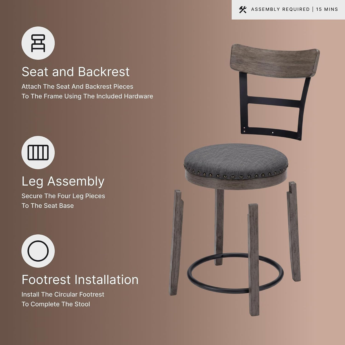 Signature Design by Ashley Caitbrook Swivel 30" Bar Height Bar Stool, Gray | Plush foam-cushioned seat, Elegant nailhead trim, Sturdy solid wood frame, 30.5-inch height for 40-42 inch bars