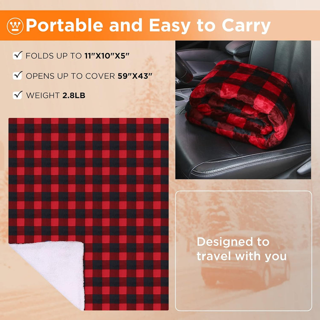 Westinghouse Heated Car Blanket, Red Buffalo Plaid, Machine Washable 59x43