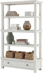 Signature Design by Ashley Robbinsdale 75" Farmhouse Bookcase with Drawer | Hardwood solids and oak veneer, 75 inch tall bookshelf with drawer, Antique white finish, 14 to 17 inch deep fixed shelves