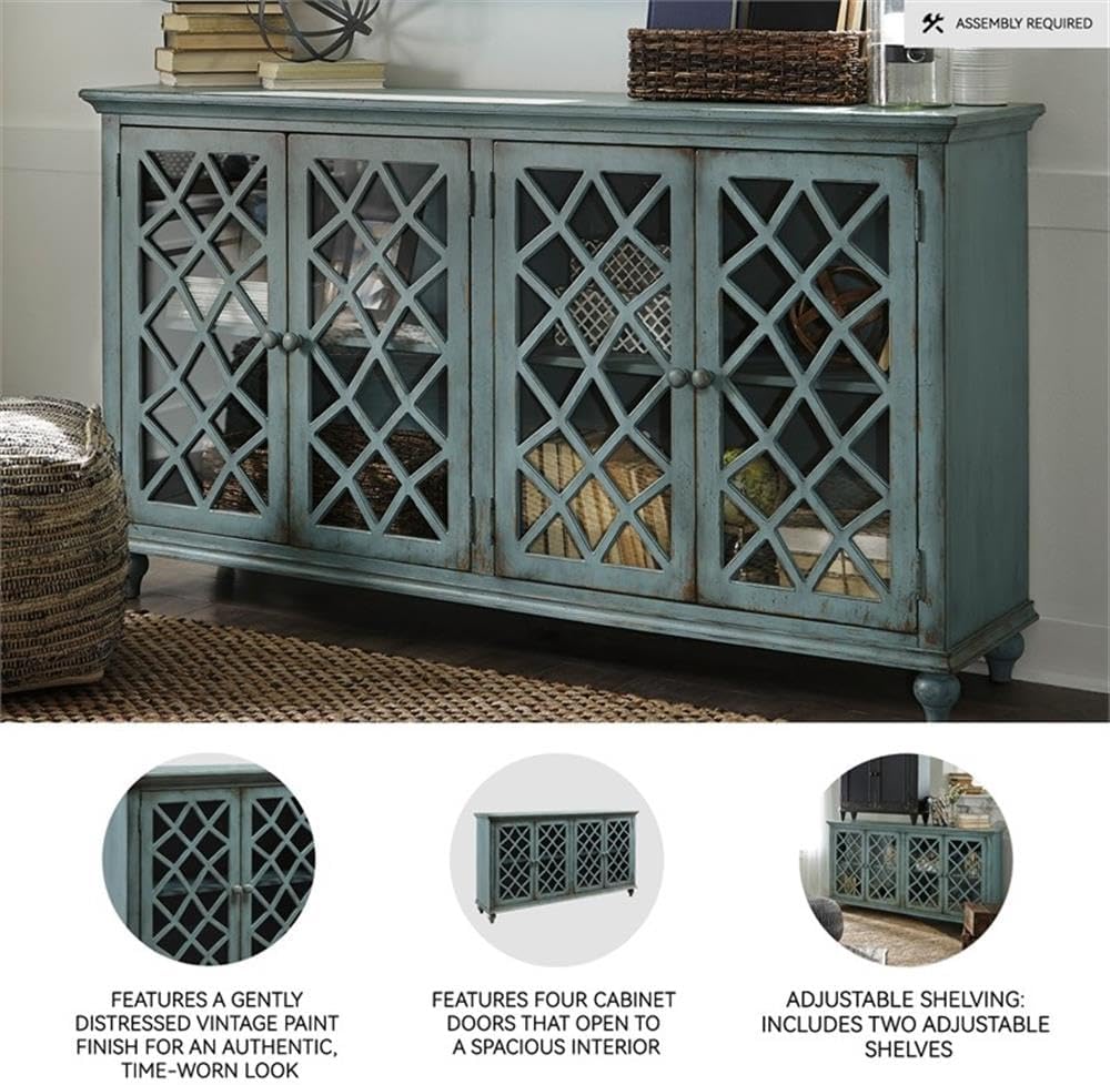 Signature Design by Ashley Mirimyn 4-Door Accent Cabinet, Antique Teal | Veneers, wood and engineered wood construction, Versatile TV stand or dining buffet, Adjustable shelves
