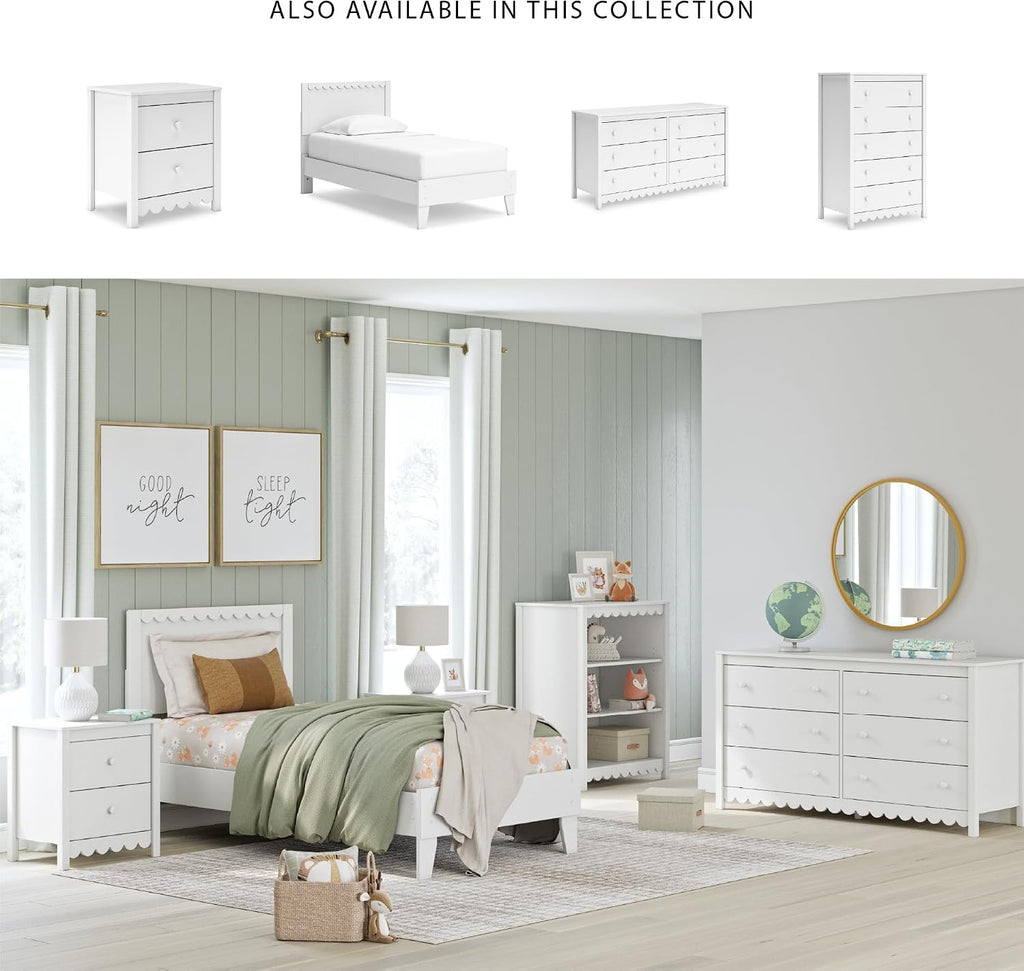 Signature Design by Ashley Hallityn Twin Scalloped Bed Frame, White | Scalloped headboard for cottage charm, Durable engineered wood, 350-lb capacity platform design