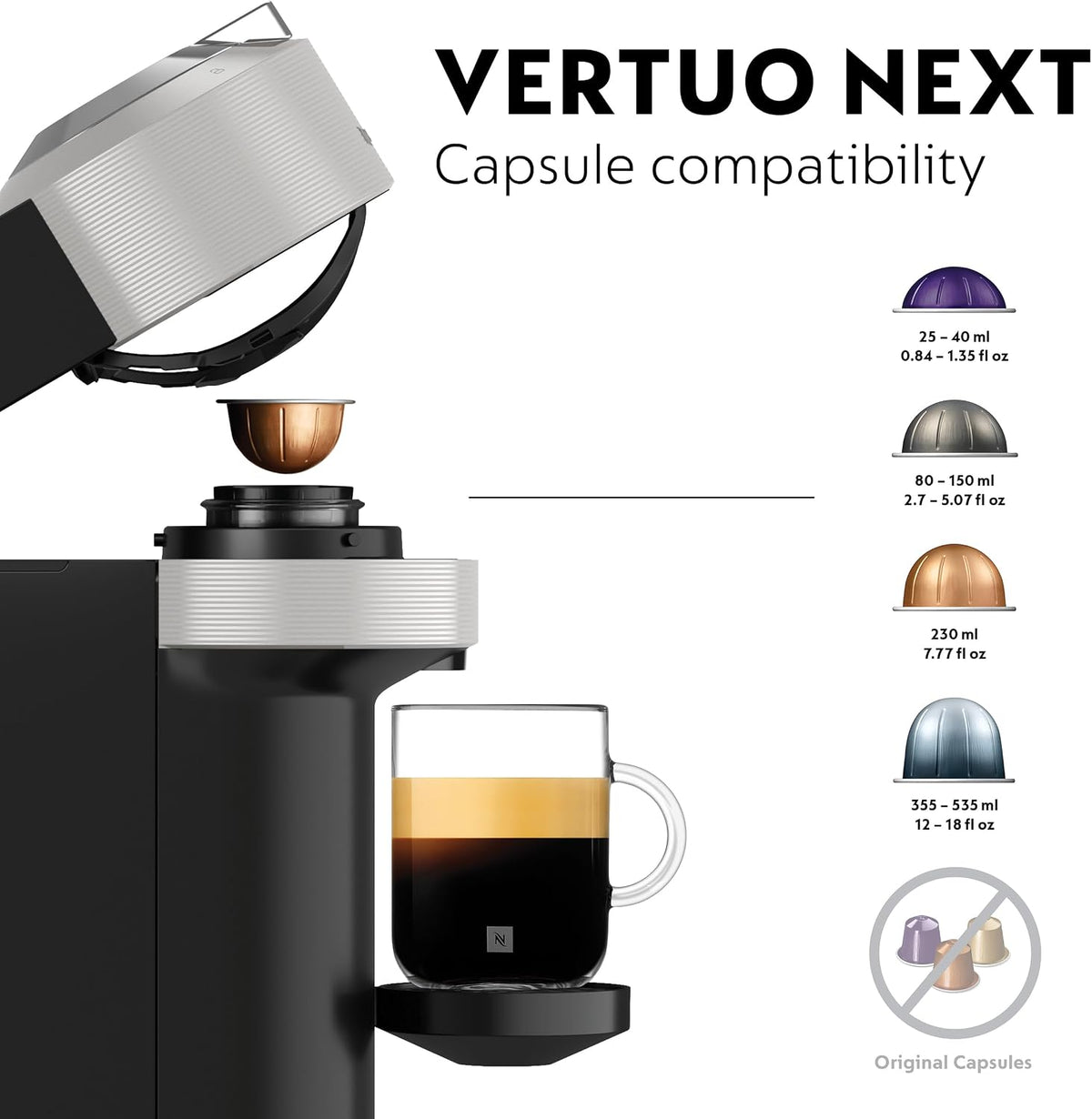 Nespresso Vertuo Next Automatic Pod coffee machine for Americano, Decaf, Espresso by Krups in Grey