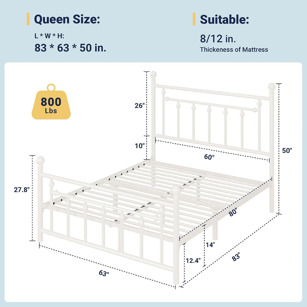 Allewie 14'' Queen Size Metal Platform Bed Frame, Vintage Headboard, White
