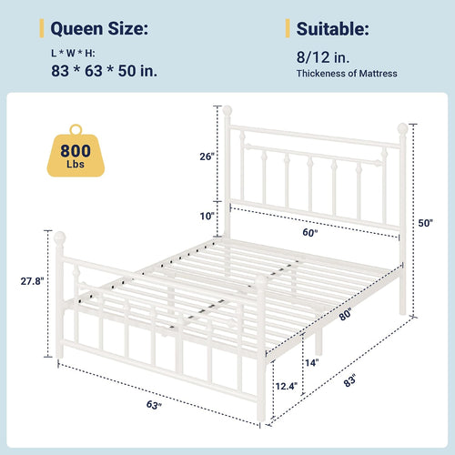Allewie 14'' Queen Size Metal Platform Bed Frame, Vintage Headboard, White