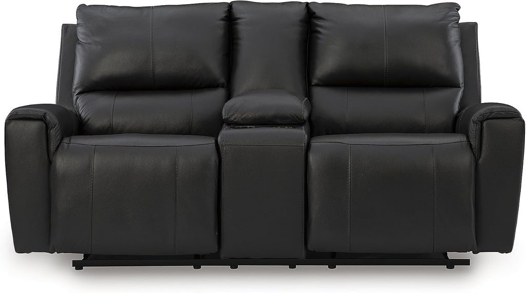 Signature Design by Ashley Leather Reclining Loveseat with Console, Black | Combination of leather and faux leather, Dual manual pull-tabs, Integrated center storage, Glassmere Series