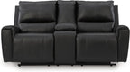 Signature Design by Ashley Leather Reclining Loveseat with Console, Black | Combination of leather and faux leather, Dual manual pull-tabs, Integrated center storage, Glassmere Series