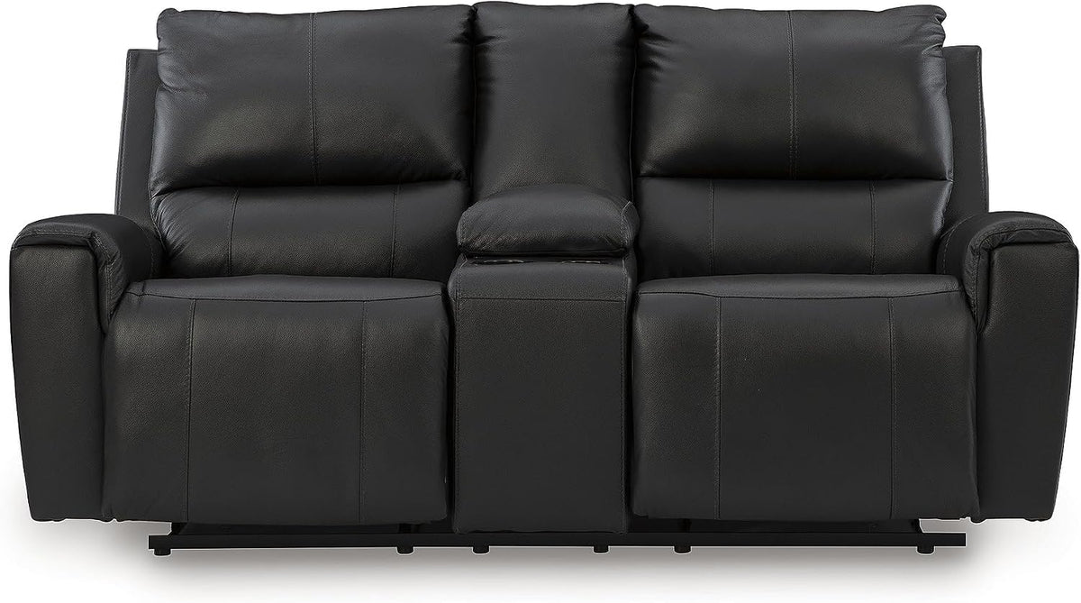 Signature Design by Ashley Leather Reclining Loveseat with Console, Black | Combination of leather and faux leather, Dual manual pull-tabs, Integrated center storage, Glassmere Series