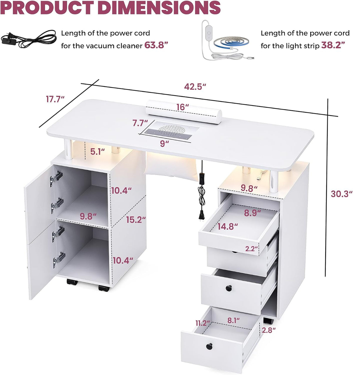 LED Manicure Table w/Built-in Dust Collector&4 Dust Bag,Rolling Nail Desk