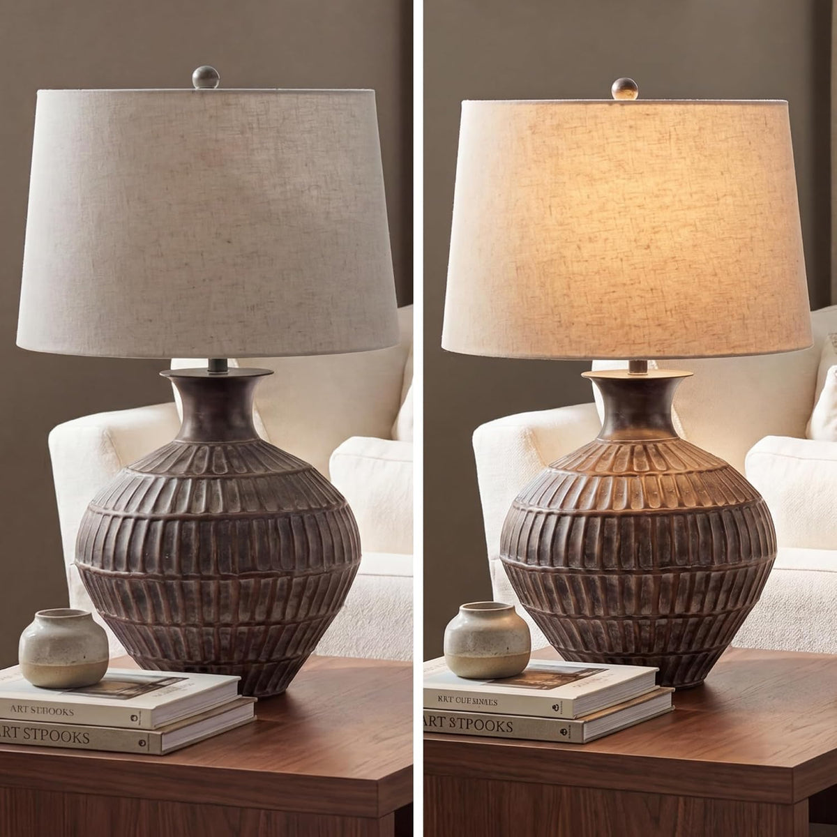 Signature Design by Ashley Magan Metal Table Lamp, 28", Antique Bronze | Antique bronze-tone metal base, Textured pattern, Fabric modified drum shade, Living room or entryway use, 3-way switch