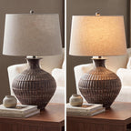 Signature Design by Ashley Magan Metal Table Lamp, 28", Antique Bronze | Antique bronze-tone metal base, Textured pattern, Fabric modified drum shade, Living room or entryway use, 3-way switch