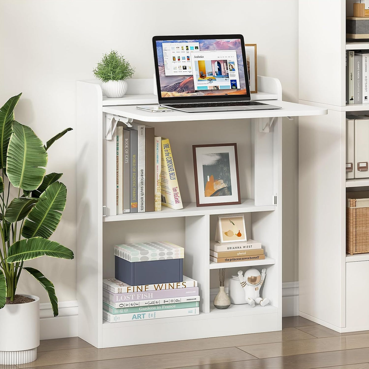 Wall Mounted Table Folding Desk,Drop Leaf Floating Table w/4 Storage Shelve