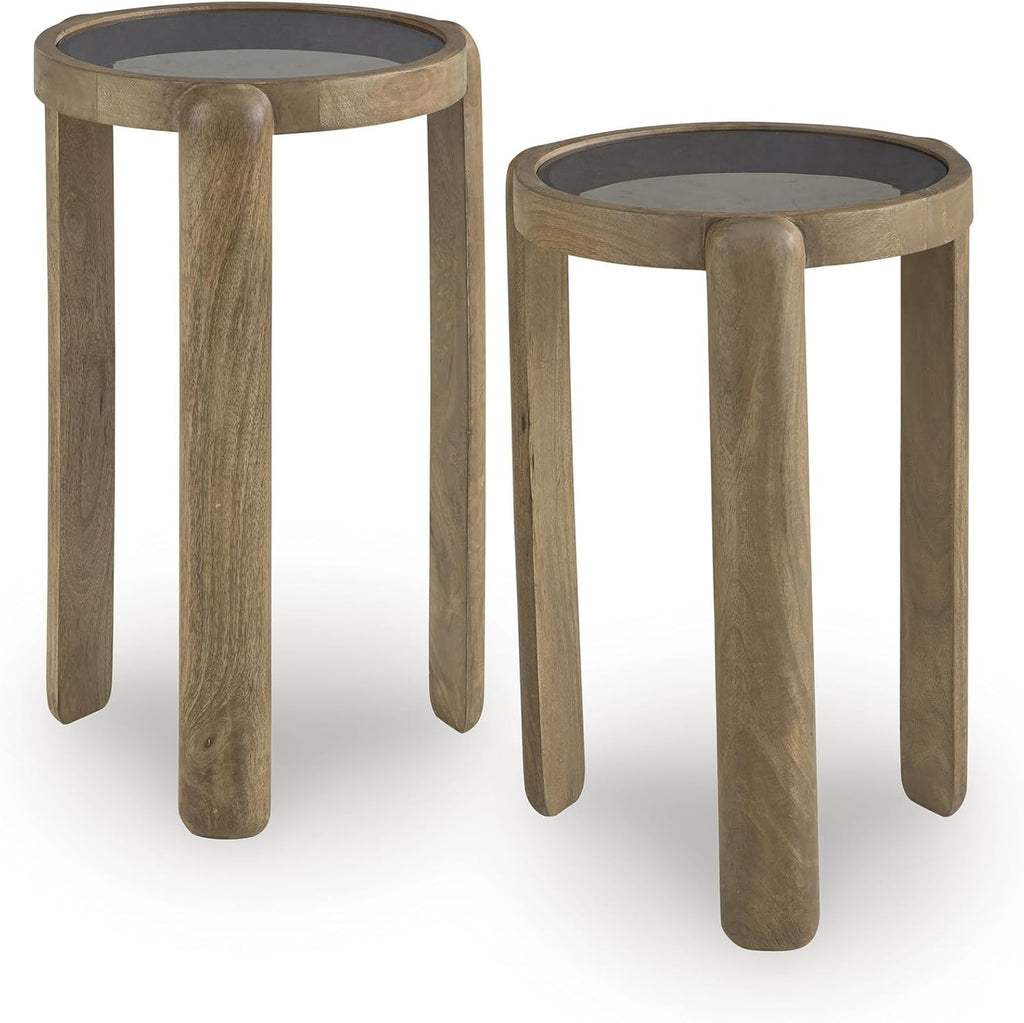 Signature Design by Ashley Round Nesting Mango Wood End Table Set of 2 | Light brown tempered glass tops with natural wood finish frames, Space saving compact nesting side tables, Jossor Series