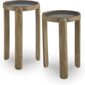 Signature Design by Ashley Round Nesting Mango Wood End Table Set of 2 | Light brown tempered glass tops with natural wood finish frames, Space saving compact nesting side tables, Jossor Series