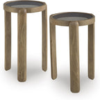 Signature Design by Ashley Round Nesting Mango Wood End Table Set of 2 | Light brown tempered glass tops with natural wood finish frames, Space saving compact nesting side tables, Jossor Series