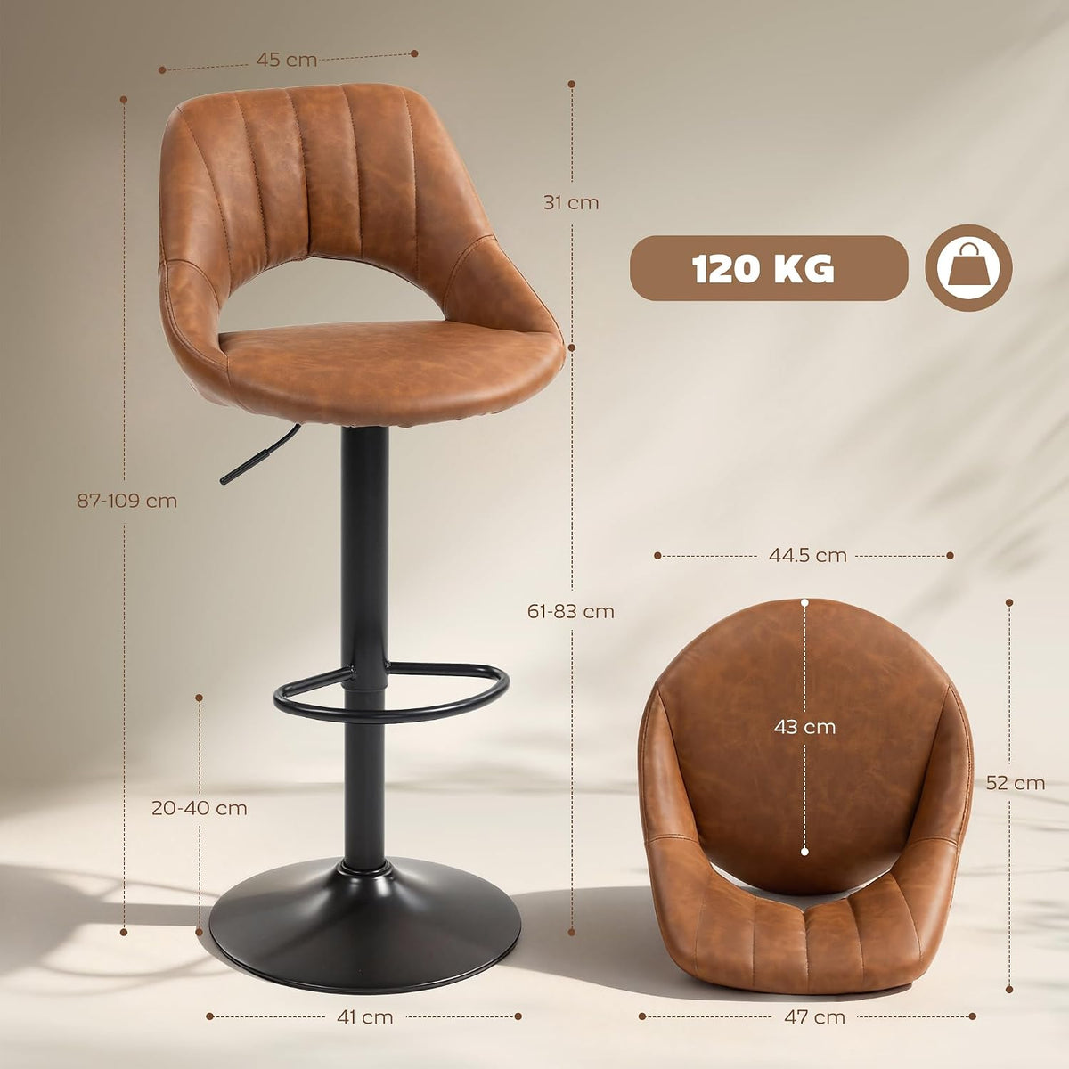 HOMCOM Bar Stools Set of 2 Swivel Adjustable Height with Footrest Brown