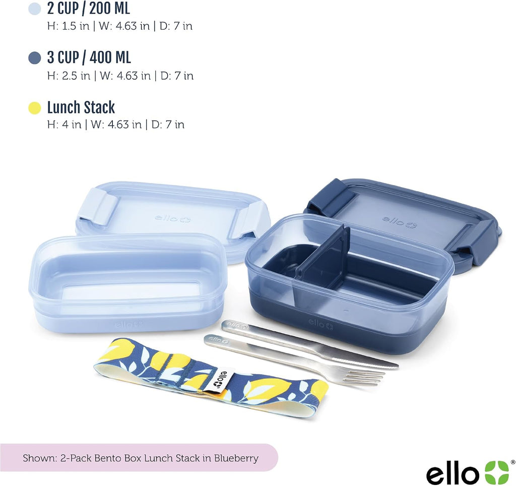 Ello Lunch Stack Bento Box Plastic Food Containers, 2 Pack, Blueberry