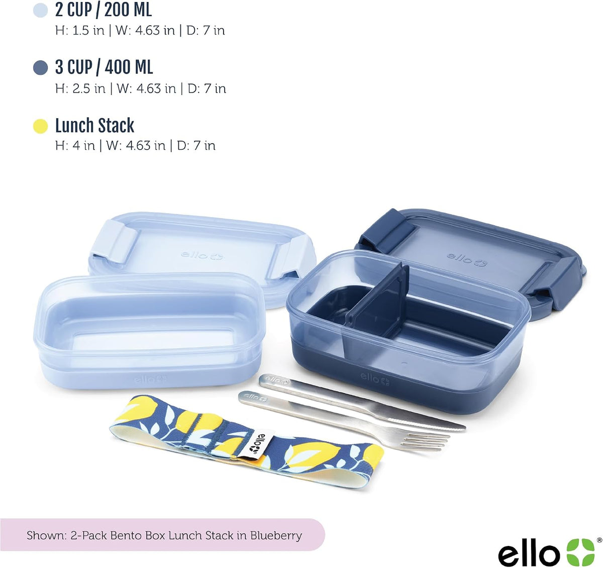 Ello Lunch Stack Bento Box Plastic Food Containers, 2 Pack, Blueberry